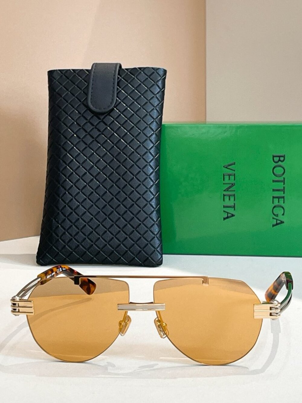 Bottega Veneta Gold Aviator Sunglasses – Tortoiseshell Temples